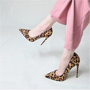 FSJ Brown Suede Sexy Leopard Printed Dress Shoes Pointy Toe High Heels Pumps